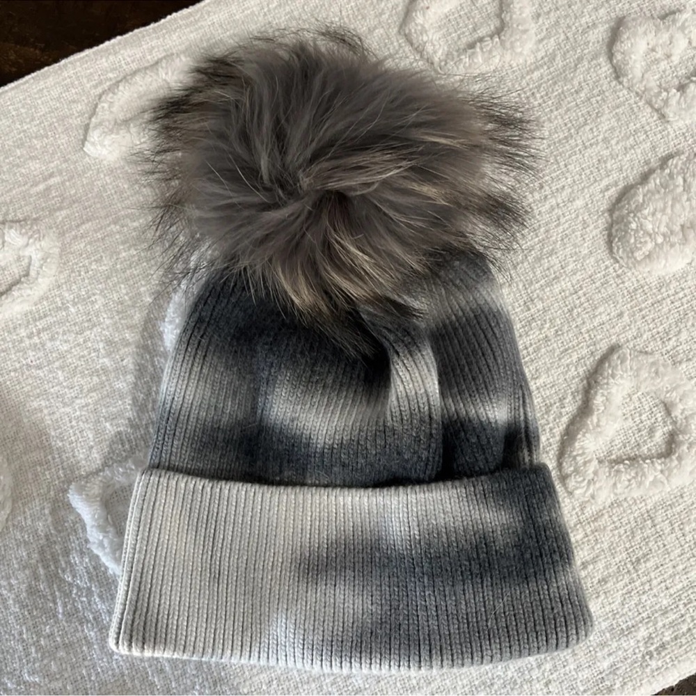 Furlux Tie-Dye & Fox Fur Pom-Pom Beanie Charcoal